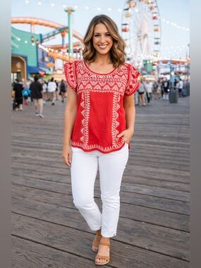 THML Red Embroidered Boho Top | Peasant Blouse Festival Resort. Cool cotton S